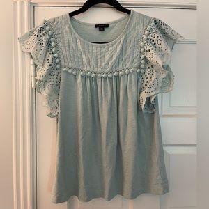 J Crew Pleated Eyelet Tshirt with Pom Poms